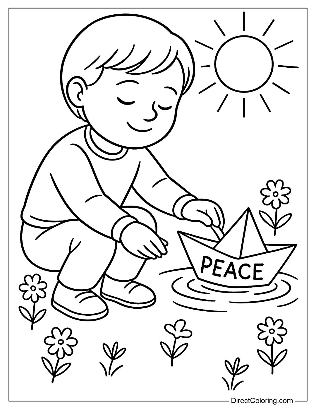 A coloring page of a child floating a paper boat with the word 